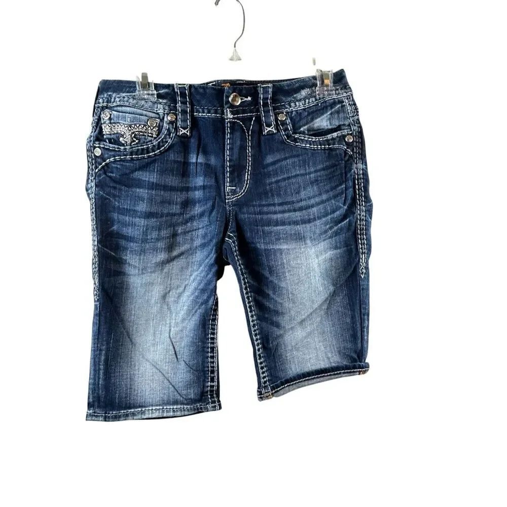 Rock Revival Leyah Bermuda Denim Shorts 28 Embellished Fleur De Lis Bling